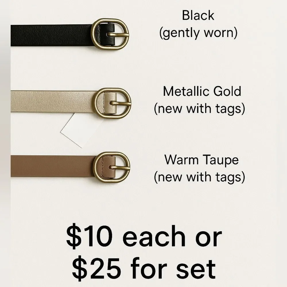 Set of 3 Belts | Faux Leather | Gold, Brown & Black | Gold Buckles | Size Small